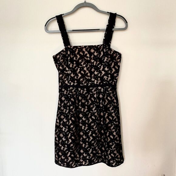 Juicy Couture Black Lace Tan Satin Lined Spaghetti Strap Zip Sheath Dress 4 - Picture 1 of 8